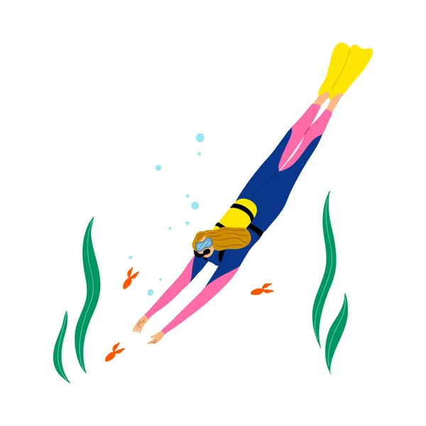 Chica buceadora nadando bajo el agua y buceando con peces en aguas profundas o en el océano. Ilustración vectorial en el estilo plano de dibujos animados . — Vector de stock