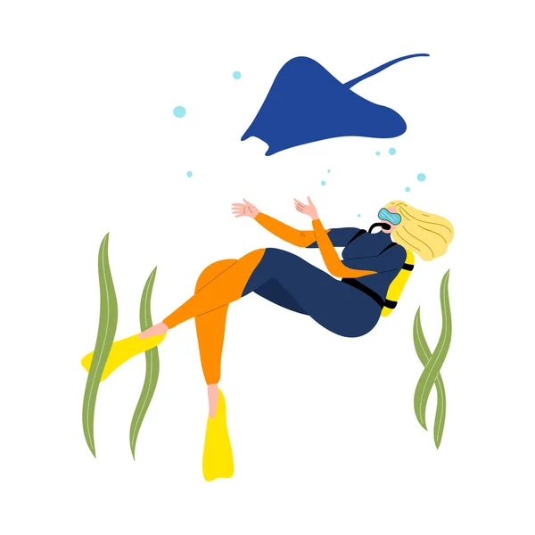 Chica buceadora nadando bajo el agua y buceando con peces calambres en aguas profundas o en el océano. Ilustración vectorial en el estilo plano de dibujos animados . — Vector de stock