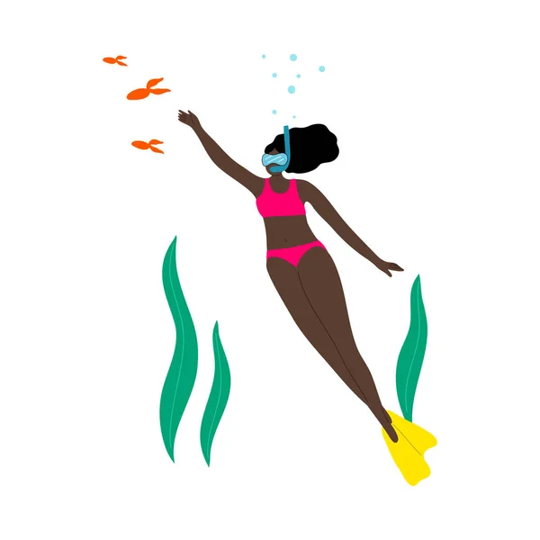 Chica buceadora en traje de baño rosa nadando bajo el agua y buceando con peces. Ilustración vectorial en el estilo plano de dibujos animados . — Archivo Imágenes Vectoriales