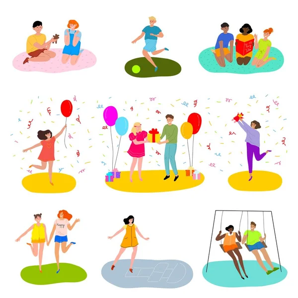 Conjunto de adolescentes felices celebrando una fiesta de cumpleaños y jugando varios tipos de juegos al aire libre. Ilustración vectorial en estilo plano de dibujos animados — Archivo Imágenes Vectoriales