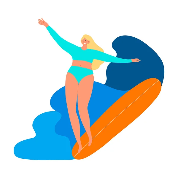 Surfer postać dziewczyna w niebieskim stroju kąpielowym z deską surfingową jazdy na falach. Ilustracja wektora w stylu płaskiej kreskówki — Wektor stockowy