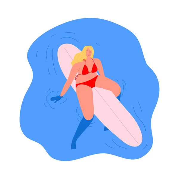 Surfer postać dziewczyna w czerwonym stroju kąpielowym jazda siedzi na desce surfingowej. Ilustracja wektora w stylu płaskiej kreskówki — Wektor stockowy