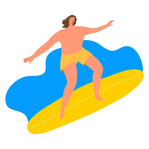 Sarı tişörtlü sörfçü sörf tahtasıyla dalgalara biniyor. Düz çizgi film tarzında vektör illüstrasyonu. — Stok Vektör