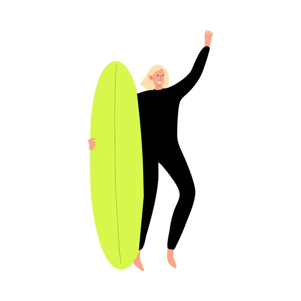 Surfez personnage homme dans une combinaison noire debout avec une planche de surf et gestuelle à la main. Illustration vectorielle en style dessin animé plat — Image vectorielle