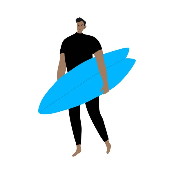 Siyah dalgıç kıyafetli sörfçü adam mavi sörf tahtasıyla ayakta duruyor. Çizgi film tarzında vektör illüstrasyonu — Stok Vektör