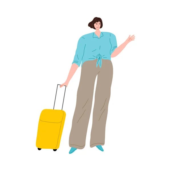 Brown-haired woman standing with a yellow travel stroller suitcase. Vector illustration in flat cartoon style. — Stock Vector