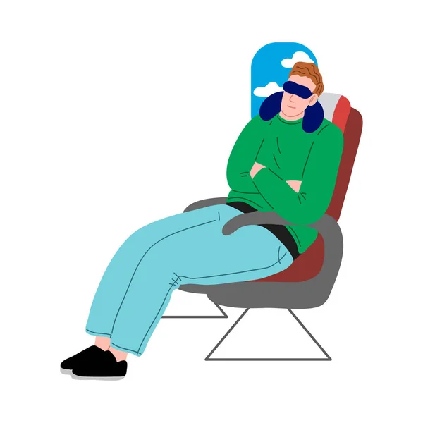 男は飛行機に座ってマスクで寝ている。平面漫画風のベクトルイラスト — ストックベクタ