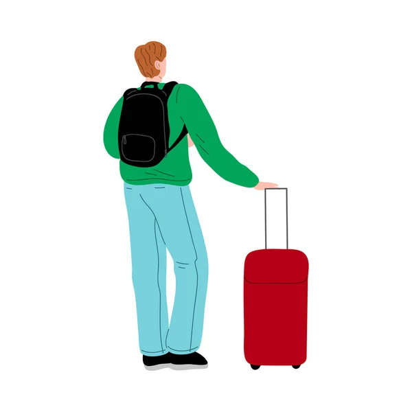 L'uomo dai capelli castani in piedi con una valigia da viaggio rossa vista posteriore. Illustrazione vettoriale in stile fumetto piatto . — Vettoriale Stock