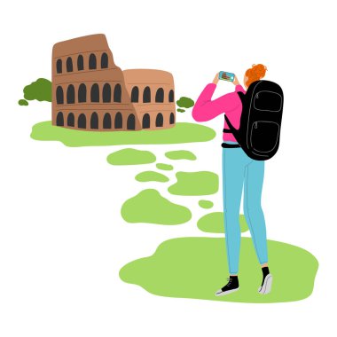 Sırt çantalı genç bir kadın, kamera vektörü çizimiyle dünyayı dolaşıyor.