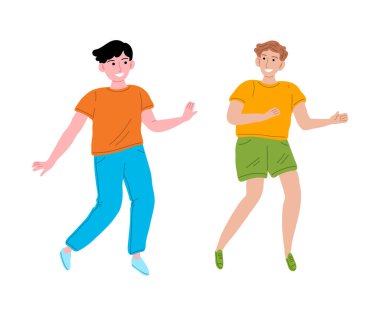 Gülümseyen çocuklar spor elbiseli arkadaşlar açık hava vektör illüstrasyonu oynuyorlar.
