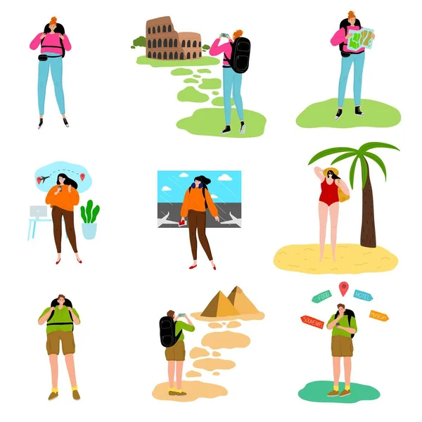 Mujeres y hombres viajando alrededor del mundo con mochilas ilustración vectorial — Vector de stock