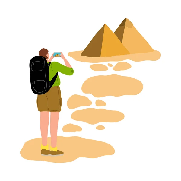 Young man travelling around world with backpack and making photos vector illustration — Stock Vector