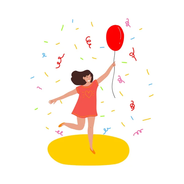 Χαμογελαστό κορίτσι τρέχει και κρατώντας μπαλόνι στο πάρτι γενεθλίων διανυσματική απεικόνιση — Διανυσματικό Αρχείο