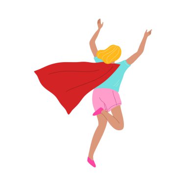 Mutlu kız oynuyor ve kırmızı süper kahraman görünmezlik vektör çizimi giyiyor.