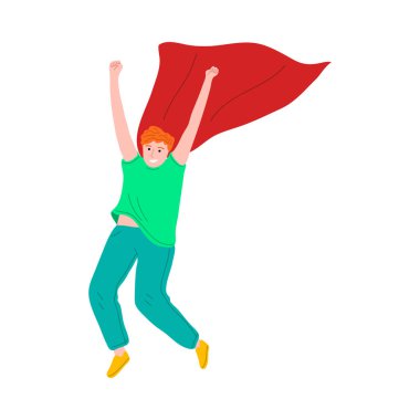 Mutlu çocuk oynuyor ve kırmızı süper kahraman görünmezlik vektör çizimi giyiyor.