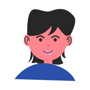 Mavi süveter resimli, siyah saçlı, gülümseyen kadın.