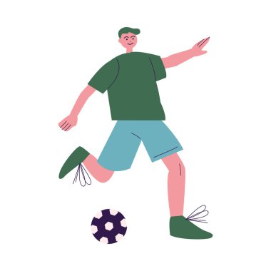 Genç futbolcu çocuk koşuyor ve futbol vektör illüstrasyonu oynuyor