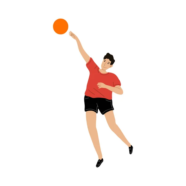 Glimlachende jongen in sport kleding spelen bal buiten vector illustratie — Stockvector