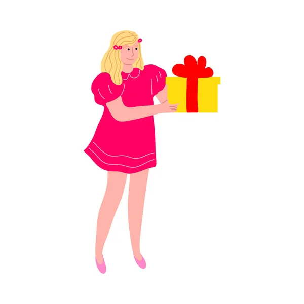 Chica en vestido rosa de pie y celebración regalo de cumpleaños vector ilustración — Vector de stock