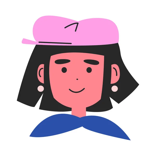 Gesicht einer Frau mit schwarzen Haaren in rosa Hut Vektor Illustration — Stockvektor