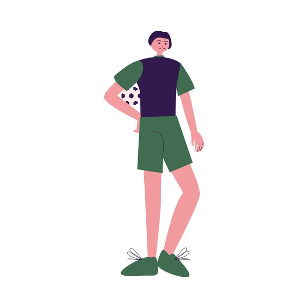 Junge Fußballspieler steht mit Ball Vektor Illustration — Stockvektor