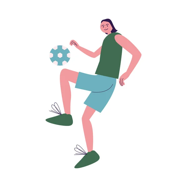 Jovem jogador de futebol chutando bola por joelho ilustração vetor —  Vetores de Stock