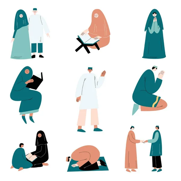 Ensemble de femmes et d'hommes musulmans dans l'illustration vectorielle de vêtements traditionnels — Image vectorielle