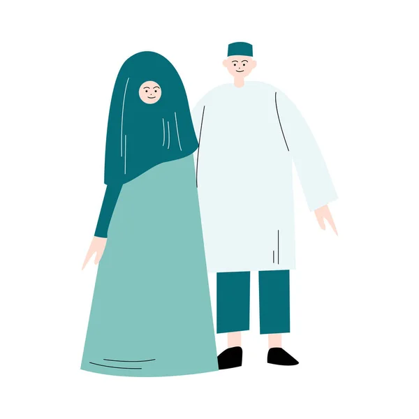 Мусульманские женщины и мужчины встречаются в традиционной векторной иллюстрации одежды — стоковый вектор