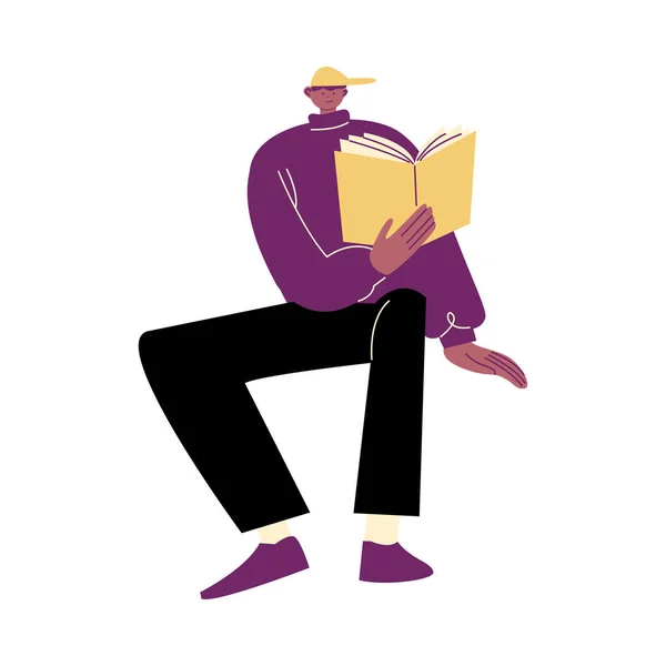 Junger stilvoller Mann mit Schirmmütze sitzt und genießt die Lektüre von Buch-Vektorillustrationen — Stockvektor