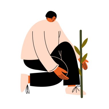 Çiftçi adam oturuyor ve bitki vektörü çizimleriyle ilgileniyor.