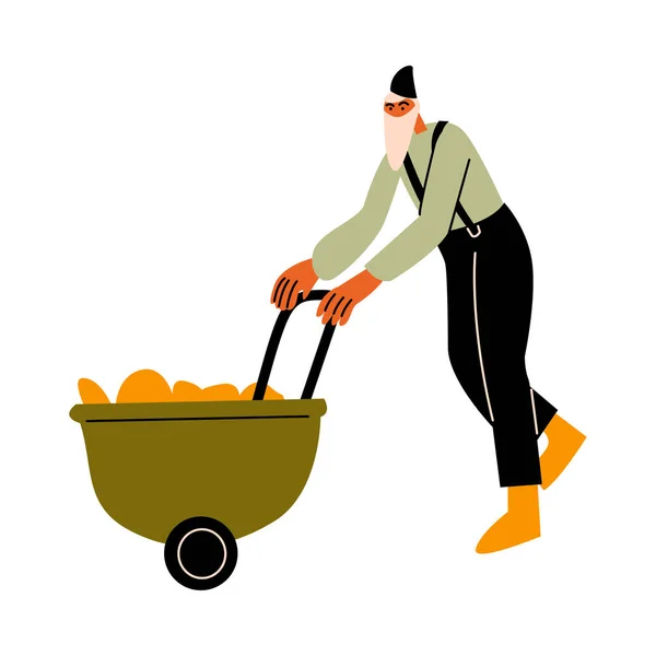 Homme agriculteur en bottes portant panier avec des produits à la ferme illustration vectorielle — Image vectorielle