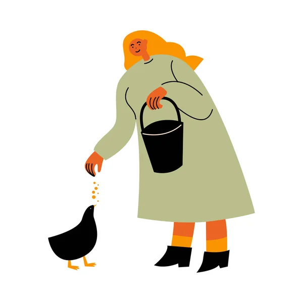 Donna contadina in piedi e alimentazione chiken con semi vettoriale illustrazione — Vettoriale Stock