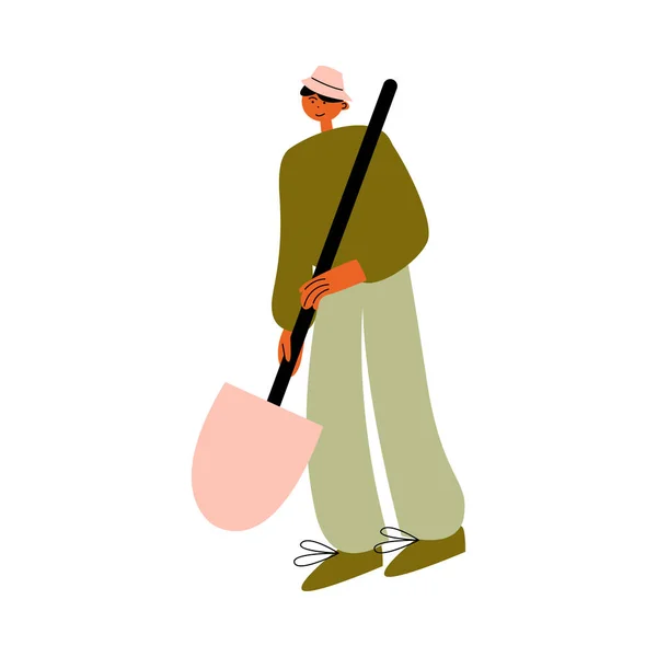 Hombre agricultor sentado y sosteniendo la pala en las manos vector ilustración — Vector de stock