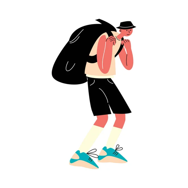 Hombre joven viajero con mochila viajando alrededor del mundo vector ilustración — Vector de stock