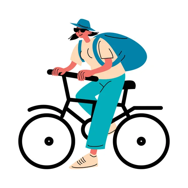 Junge Mädchen Reisenden mit Rucksack Reiten bycycle Vektor Illustration — Stockvektor