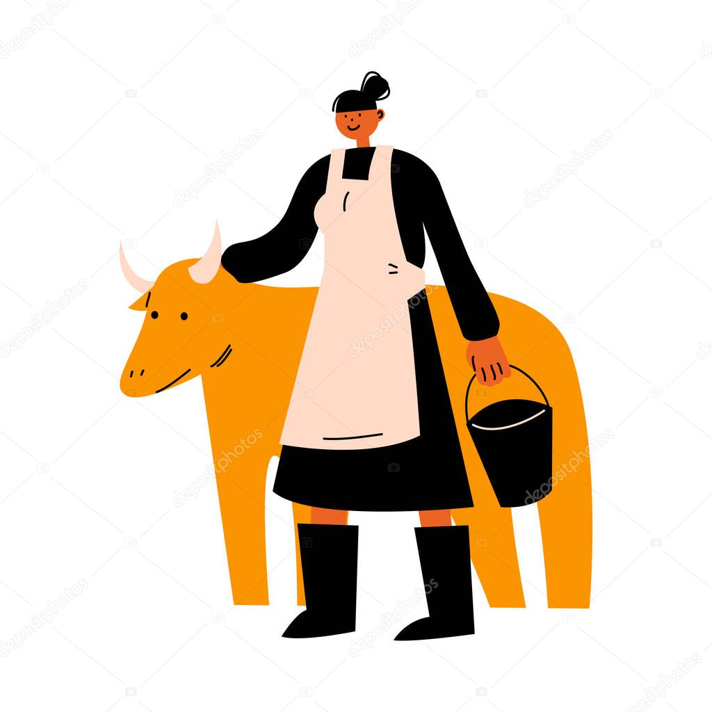 Happy woman farmer standing with farm cow vector illustration