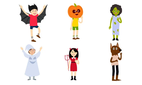 Conjunto de personas niños y niñas en diferentes trajes espeluznantes de Halloween — Vector de stock