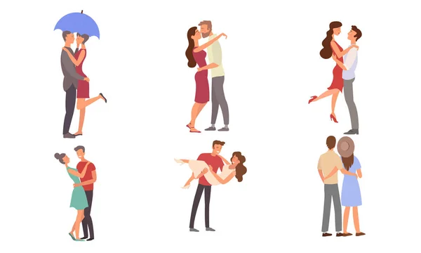 Felices parejas sonrientes en el amor en la vida cotidiana vector de ilustración — Archivo Imágenes Vectoriales