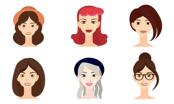 Set mosolygós női arcok különböző frizurák és hajszínek vektor illusztráció — Stock Vector
