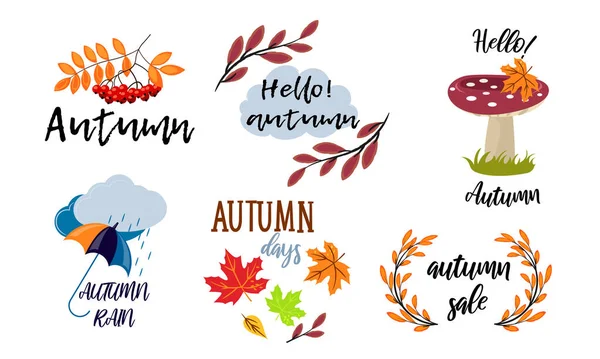 Hand drawn autumn seasonal colorful drawings and lettering vector illustration — Stock Vector