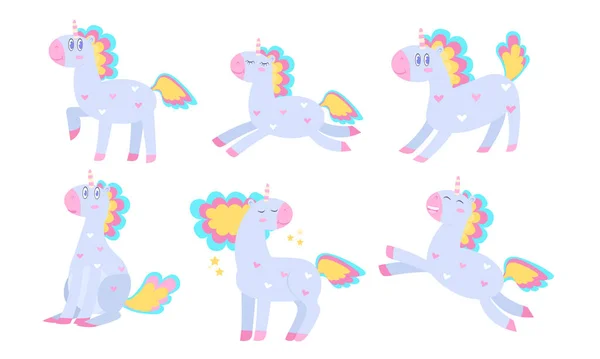 Set warna-warni sihir bahagia unicorn atas vektor latar belakang putih ilustrasi - Stok Vektor