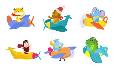 İnsanlar ve hayvanlar beyaz arka planda küçük uçaklar ve helikopterlere biniyorlar.