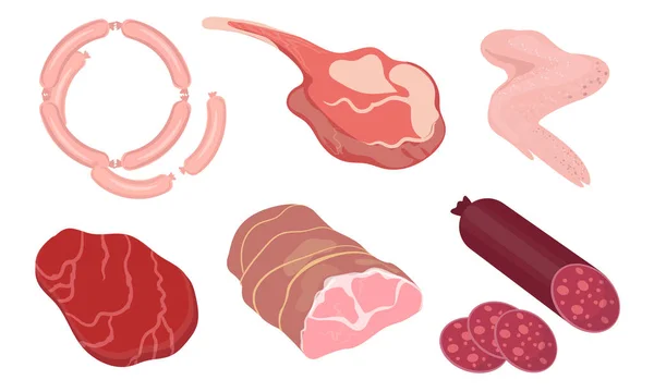 Diferentes tipos de jamón y salchichas vector ilustración — Vector de stock