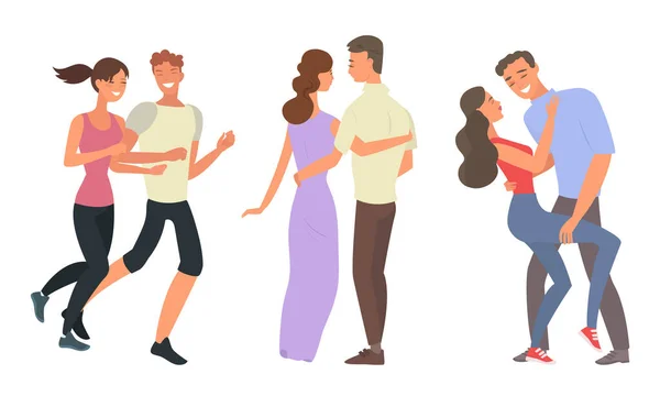 Счастливые улыбающиеся молодые пары в любовных свиданиях и занятиях спортом вместе векторные иллюстрации — стоковый вектор