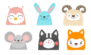 Değişik şirin çiftliklerin, vahşi hayvanların ve kuşların vektör çizimlerinin yüzleri.