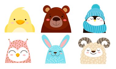 Farklı gülümseyen çiftliklerin, vahşi hayvanların ve kuşların yüzleri.