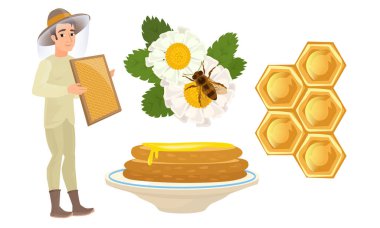 Bal üretimi vektör illüstrasyonu için arıcı ve farklı nesneler