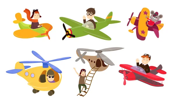 Gente feliz y animales pilotos montando pequeños aviones y helicópteros sobre fondo blanco — Archivo Imágenes Vectoriales