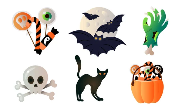 Ensemble d'objets et d'animaux traditionnels isolés pour célébrer les vacances d'Halloween — Image vectorielle