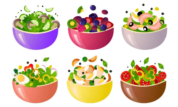 Diferentes tipos de comidas saludables ensaladas frescas en cuencos coloridos vector ilustración — Vector de stock